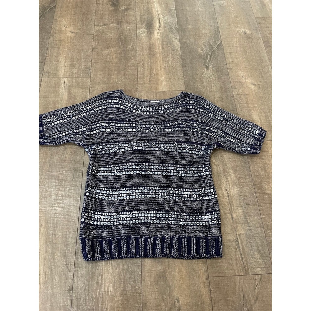 Chico's Sequin Knit Top Women Size M Navy Party Grandma Festive Metallic Striped
